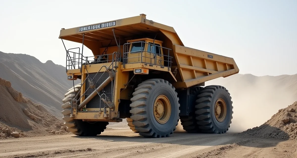 Enorme camion da miniera con ruote alte come un'auto in cava aperta sotto la luce del giorno