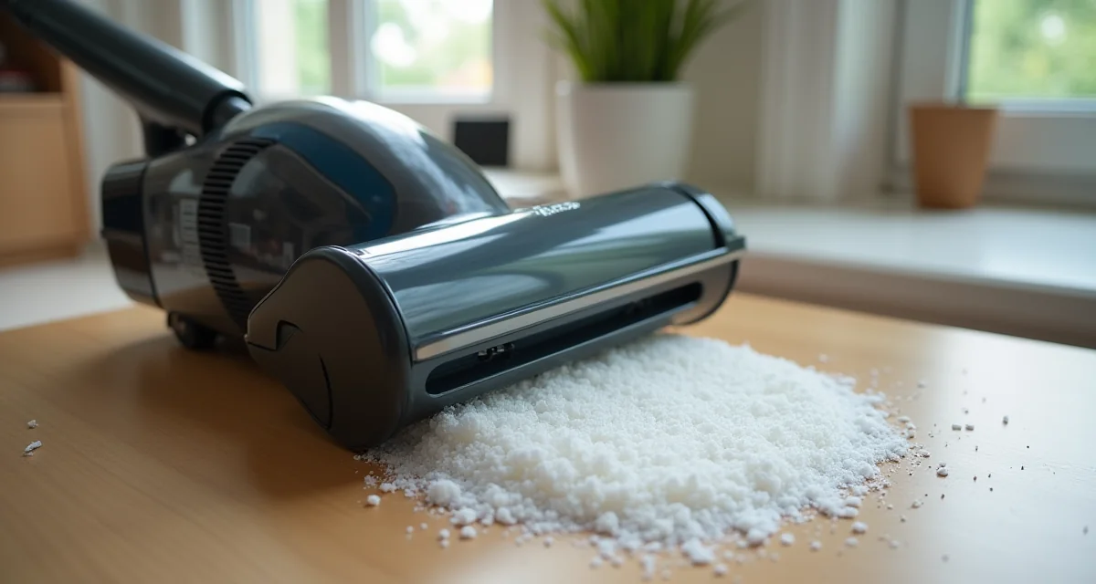 Dettaglio del serbatoio della polvere e del filtro HEPA di un'aspirapolvere senza fili su tavolo