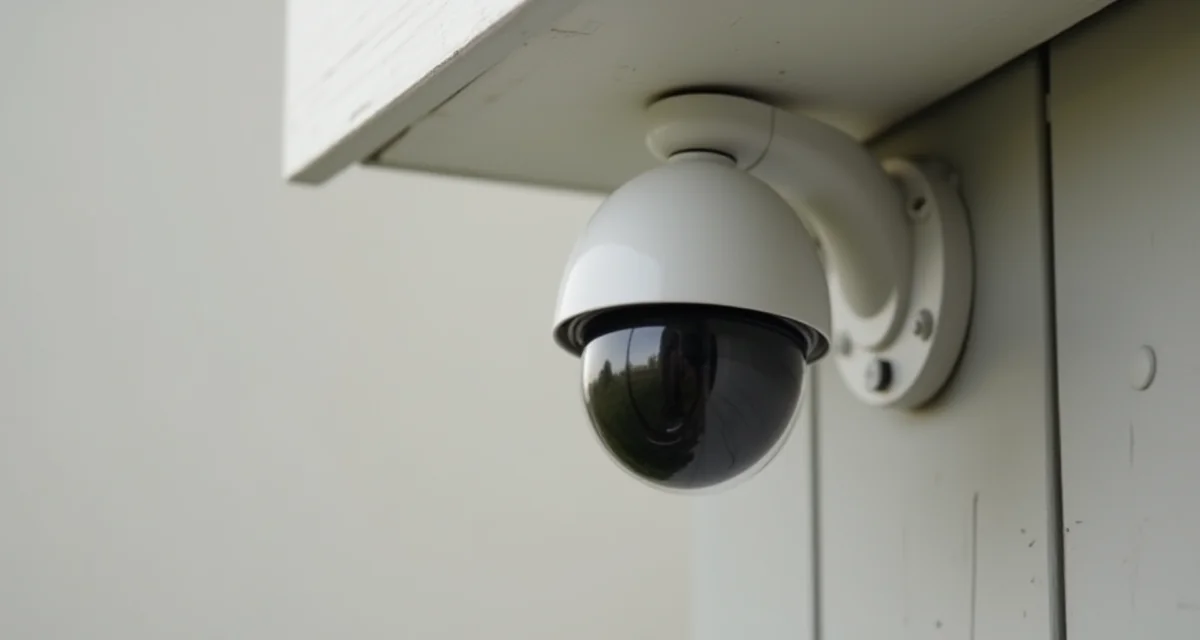 Telecamera di sicurezza a cupola bianca installata sotto la grondaia di una casa in primo piano