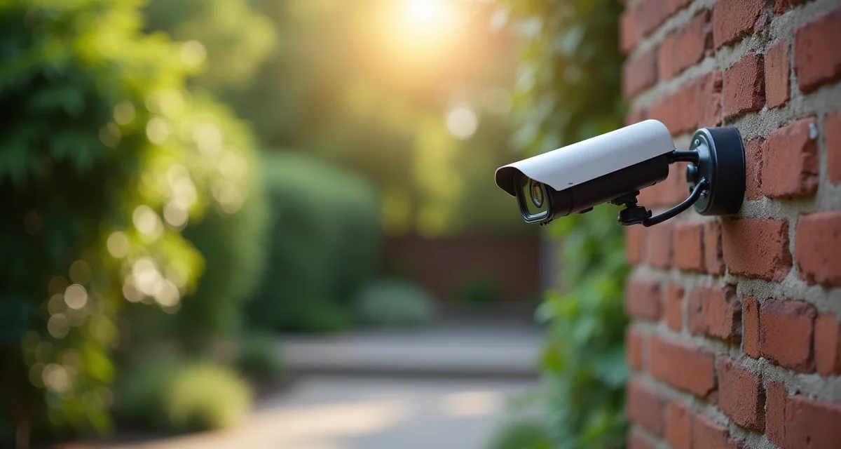 Telecamera di sicurezza a proiettile montata su un muro del giardino durante il giorno