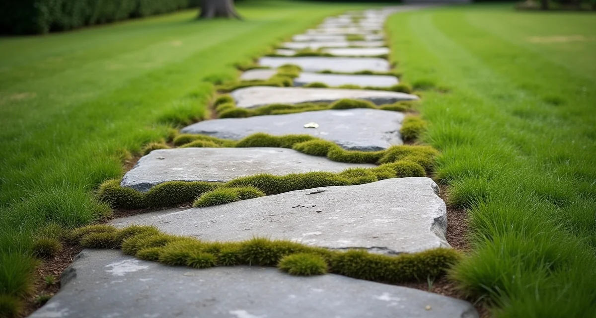 Sentiero di giardino con lastre irregolari posate sull'erba e muschio tra le fessure sotto luce soffusa