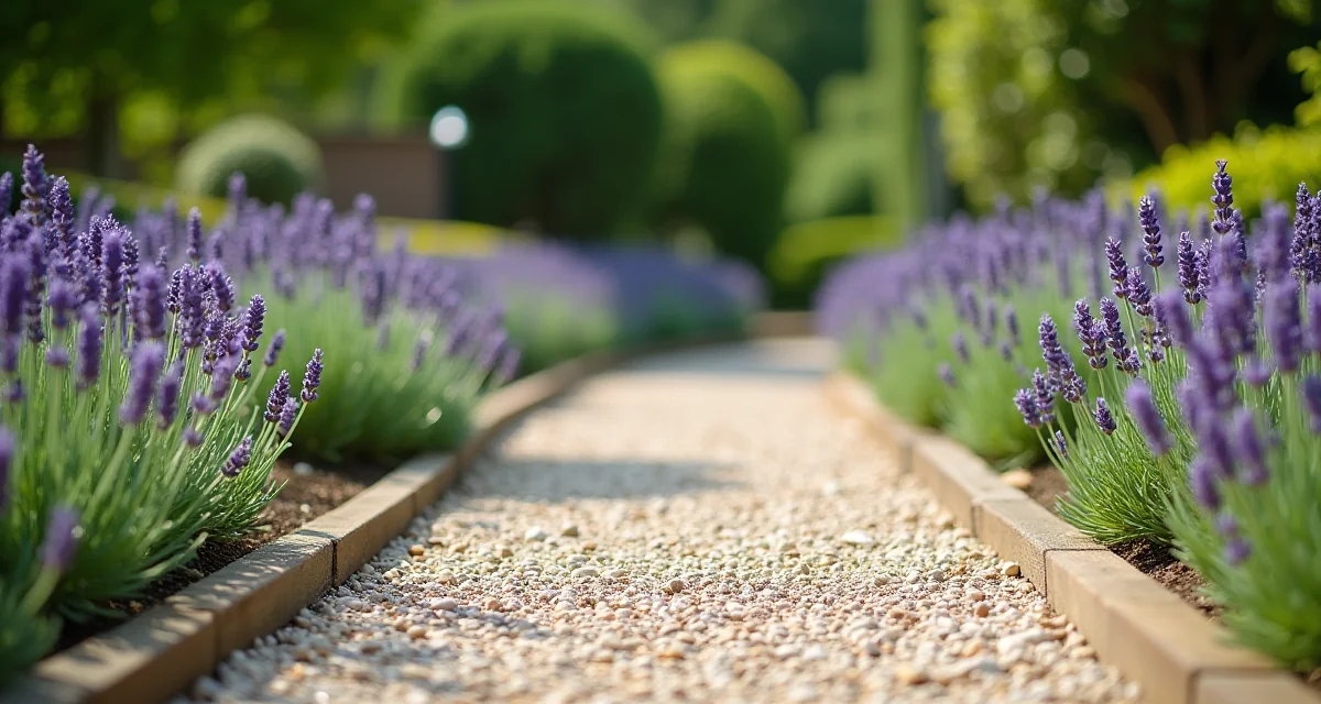 Sentiero ghiaiato con bordi in legno e lavanda per un giardino elegante ed economico