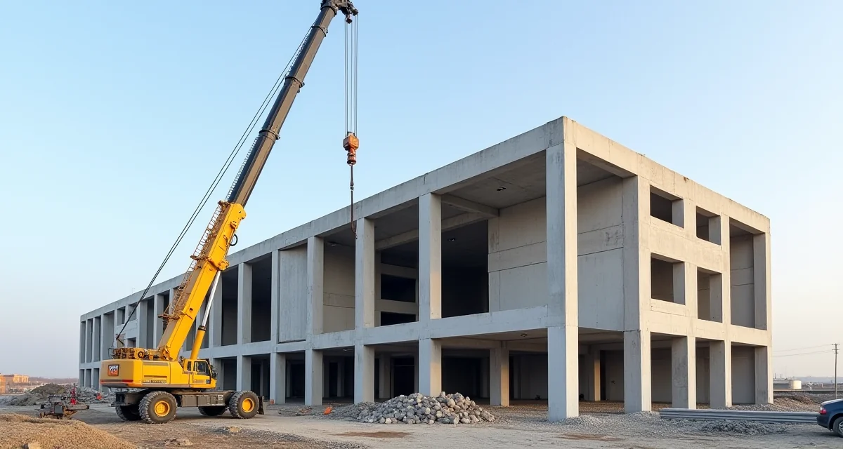 Montaggio di pannelli e travi in calcestruzzo armato prefabbricato per edificio industriale con gru