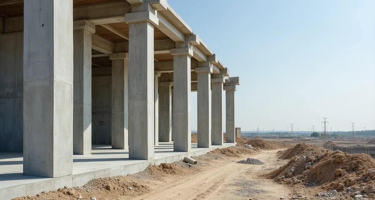 Struttura portante in calcestruzzo armato prefabbricato con pilastri e travi in cantiere di costruzione