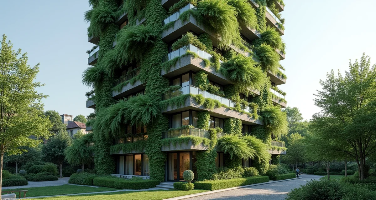 Torre residenziale verde ricoperta di vegetazione e alberi nel contesto urbano europeo durante il giorno