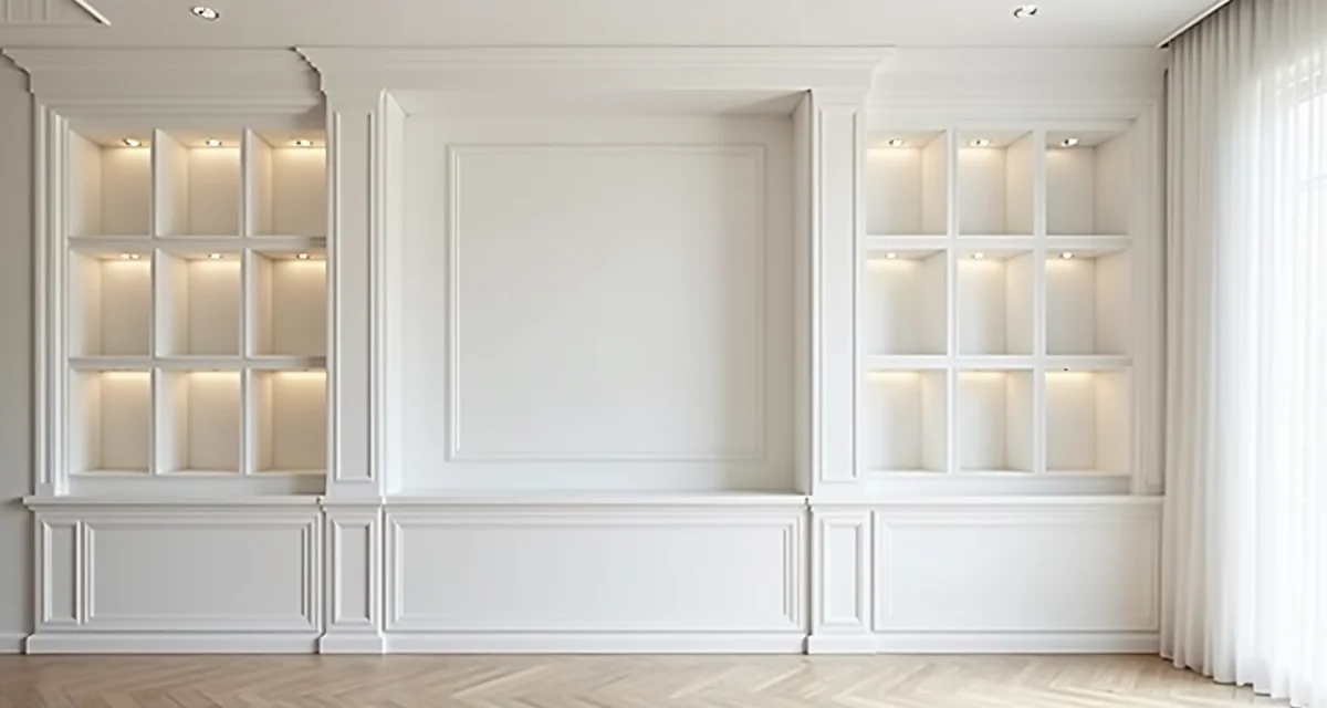 Libreria in cartongesso bianca con nicchie illuminate integrate nel muro del soggiorno