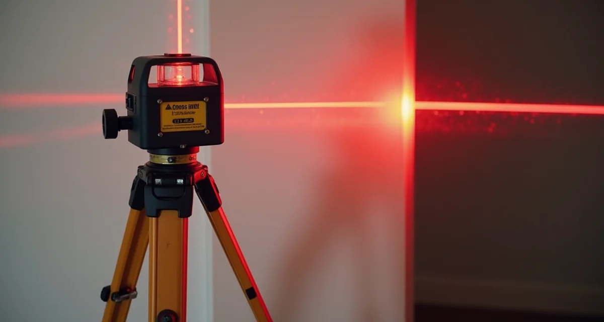 Livella laser a croce su treppiede che proietta linee rosse su una parete per allineamenti precisi