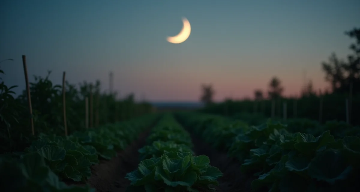 Luna crescente su un orto al crepuscolo con luce soffusa