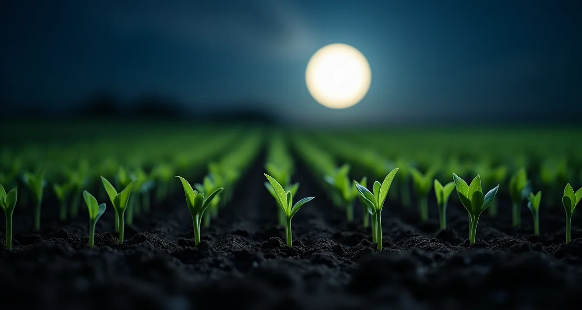 Giovani piantine di semi germogliano nelle file del giardino sotto la luce brillante di una luna piena