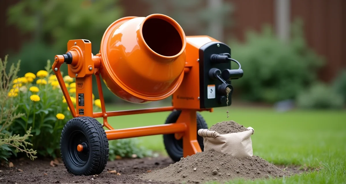 Betoneira elettrica arancione da giardino con sacco di cemento per il mescolamento dei materiali edili