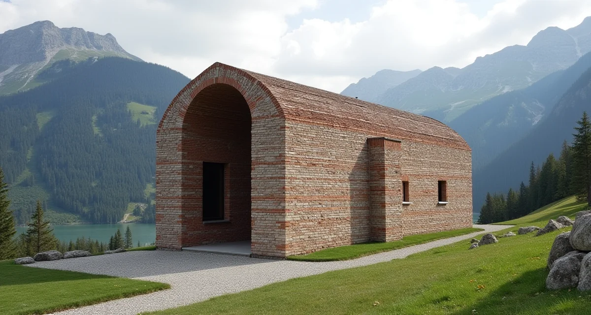 Chiesa cilindrica in mattoni e pietra striata di Mario Botta nel contesto alpino