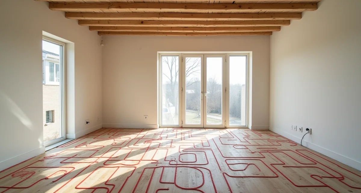 Pannelli radianti installati su soffitto e pavimento in una stanza in fase di ristrutturazione edilizia