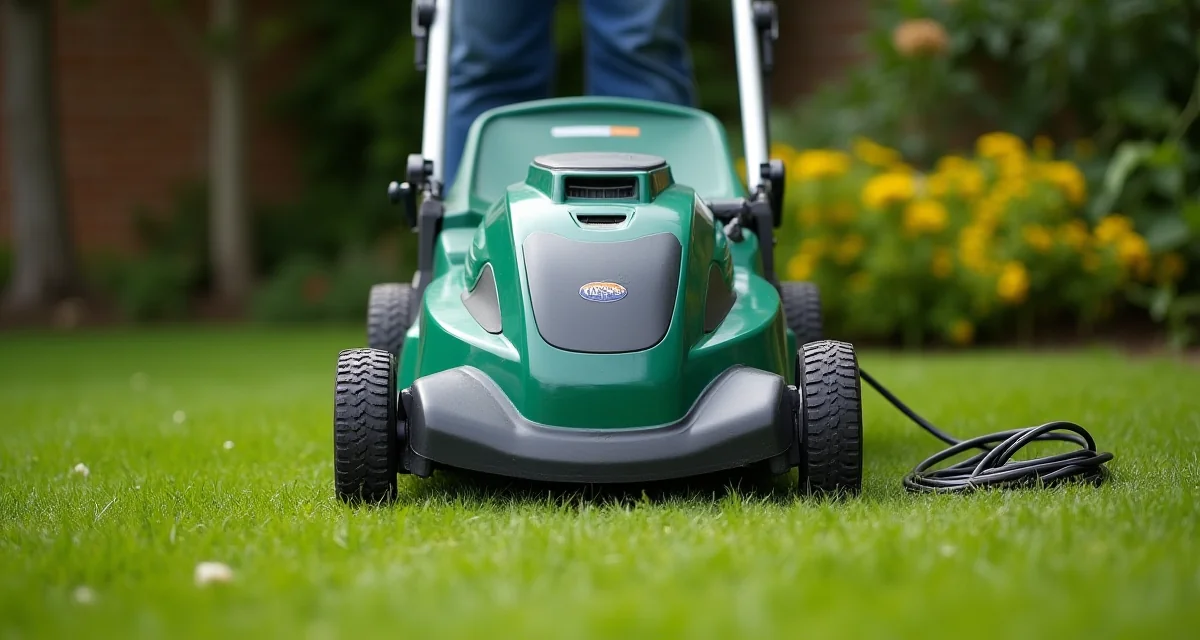 Tagliaerba elettrico su prato con cavo visibile in composizione verticale per manutenzione del giardino