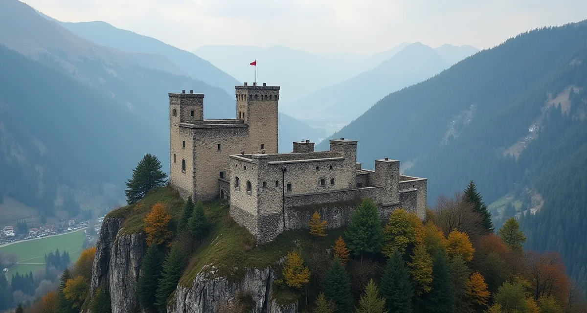 Castello di Juval su una collina rocciosa nella valle dell'Adige, piccolo formato verticale