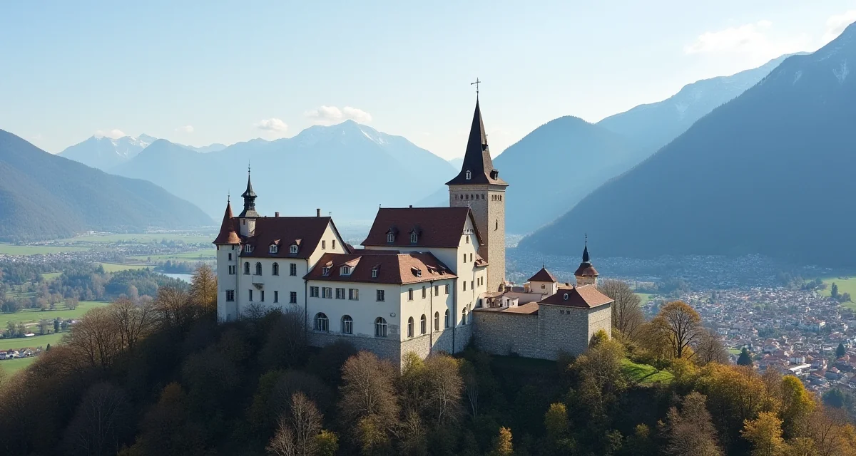 Castello di Brunico sopra il paese con le montagne sullo sfondo in composizione verticale