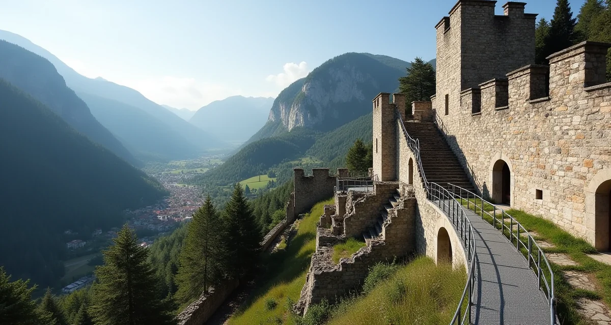Passeggiate in acciaio moderno tra le rovine del Castello di Firmiano a Bolzano sotto la luce del giorno