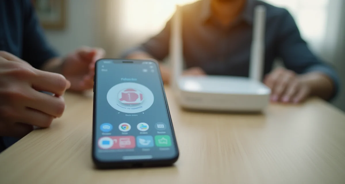 Smartphone con app allarme sfocata e router wifi su tavolo per sicurezza domestica