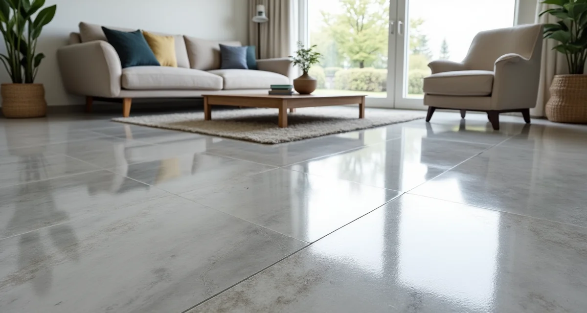 Pavimento in resina grigio lucido per soggiorno moderno illuminato dalla luce naturale diurna