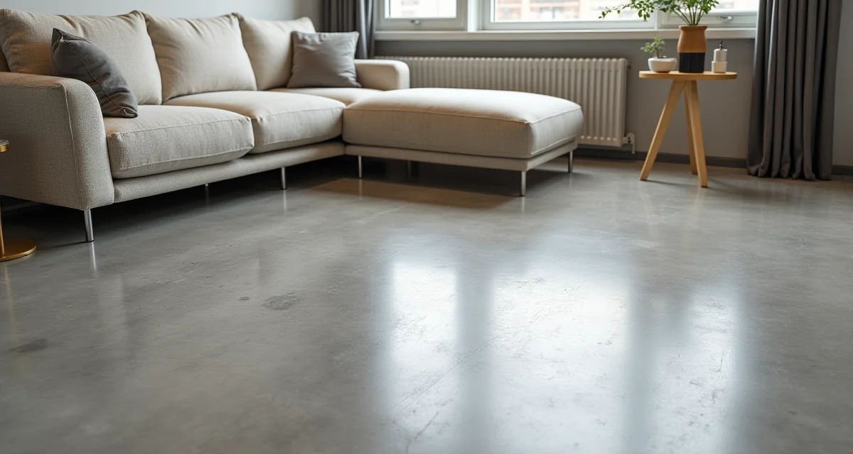 Pavimento in calcestruzzo lucidato in un appartamento moderno con arredi essenziali e design minimalista