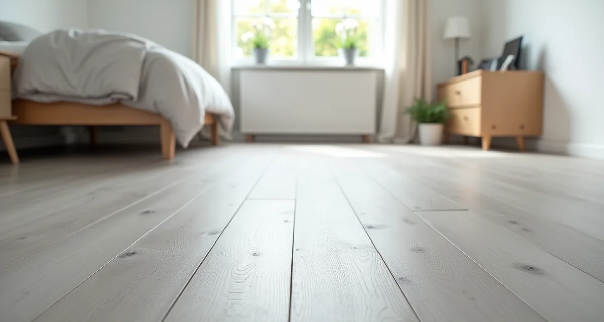 Pavimento laminato effetto legno grigio in una camera da letto luminosa e moderna