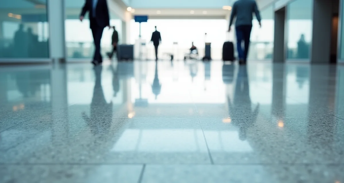 Ampio pavimento resina lucida in un terminal aeroportuale con illuminazione intensa e composizione verticale