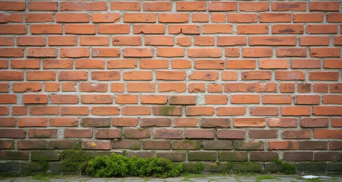 Muro in mattoni faccia a vista con efflorescenze e muschio alla base sotto la luce del giorno