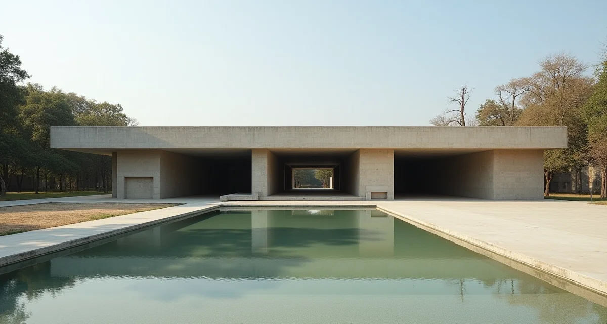 Palazzo dell'Assemblea di Chandigarh in calcestruzzo con vasca riflettente sotto la luce del giorno