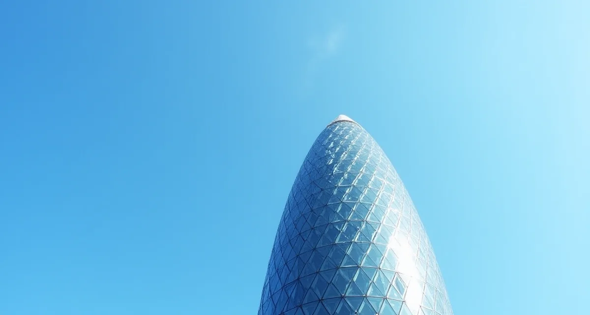 Facciata a reticolo di vetro del grattacielo Gherkin di Norman Foster contro il cielo blu