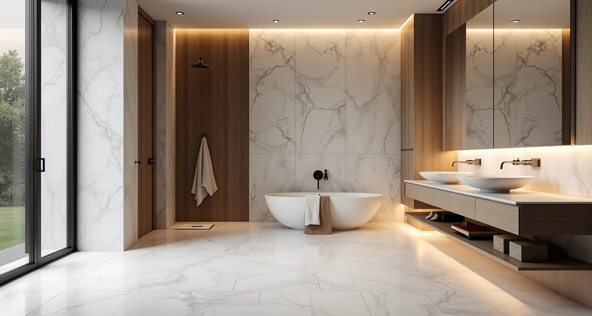 Rivestimento bagno moderno con lastre effetto marmo e dettagli in legno