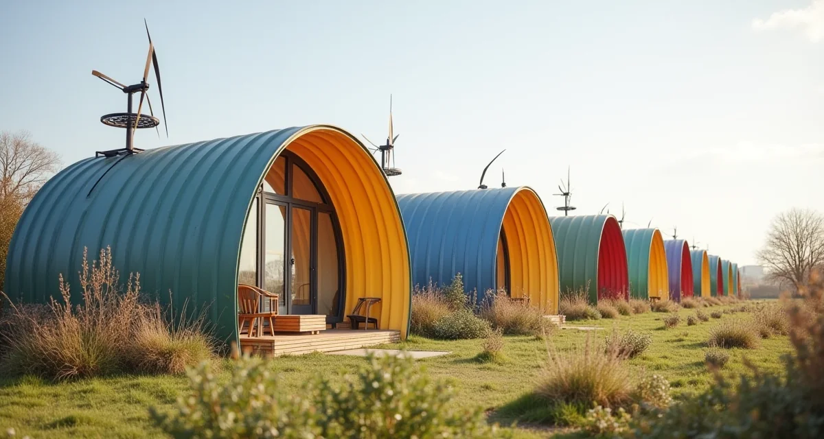 Tetti dell'eco villaggio BedZED con colorati condotti eolici sotto la luce diurna