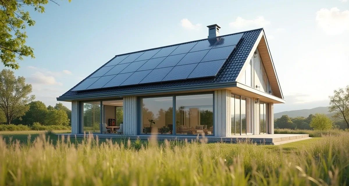 Casa moderna NZEB con facciata vetrata esposta a sud e tetto fotovoltaico per il risparmio energetico