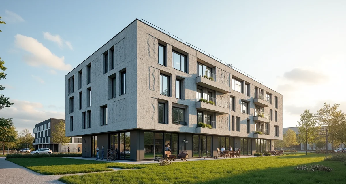 Multipiano residenziale moderno con facciata solare integrata per la produzione di energia rinnovabile