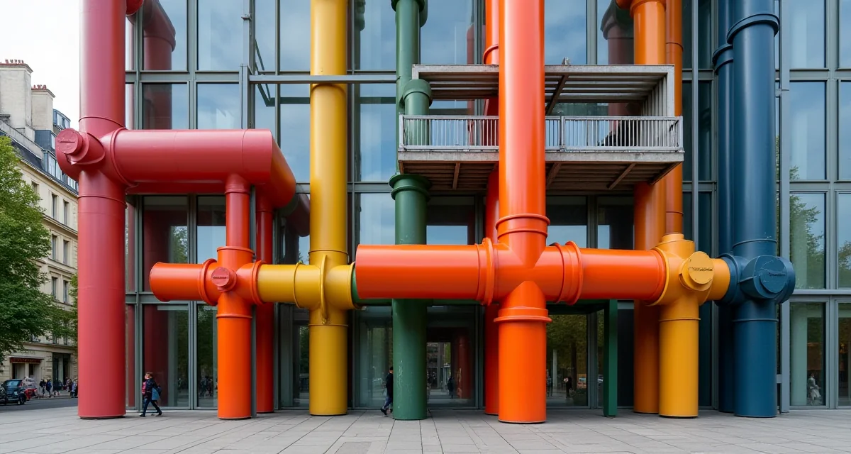 Centre Pompidou a Parigi con tubazioni esterne colorate e struttura industriale esposta