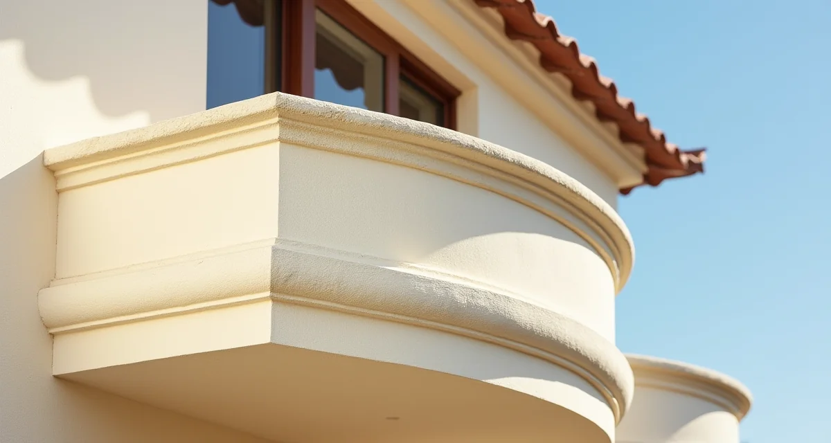 Parapetto in muratura intonacata su balcone di casa mediterranea sotto il sole