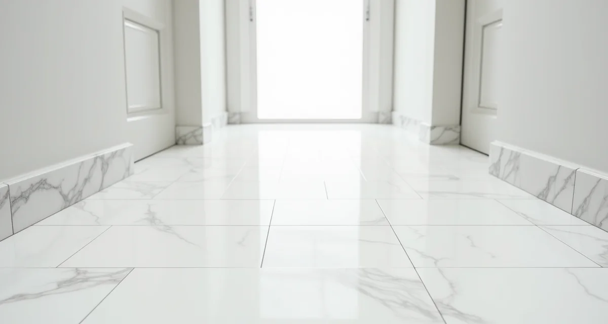 Pavimento in lastre di marmo bianco lucido che riveste il corridoio interno luminoso e spazioso