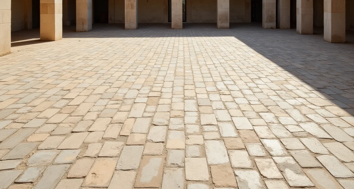 Cortile esterno pavimentato con cubetti di porfido disposti a ventaglio sotto la luce del sole