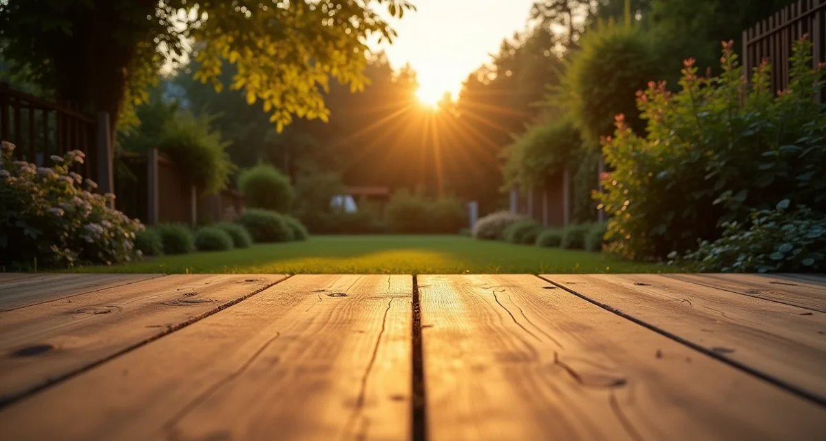 Terrazza in legno per esterni illuminata dalla calda luce del tramonto nel giardino