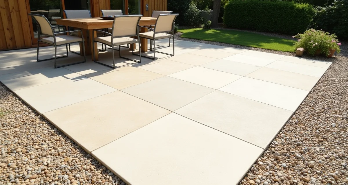 Lastroni in porcellanato grigio posati su ghiaia per un patio esterno soleggiato con mobili da giardino