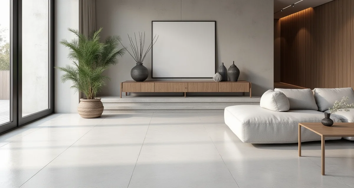 Pavimento continuo in microcemento con finitura liscia illuminato dalla luce naturale in un soggiorno moderno