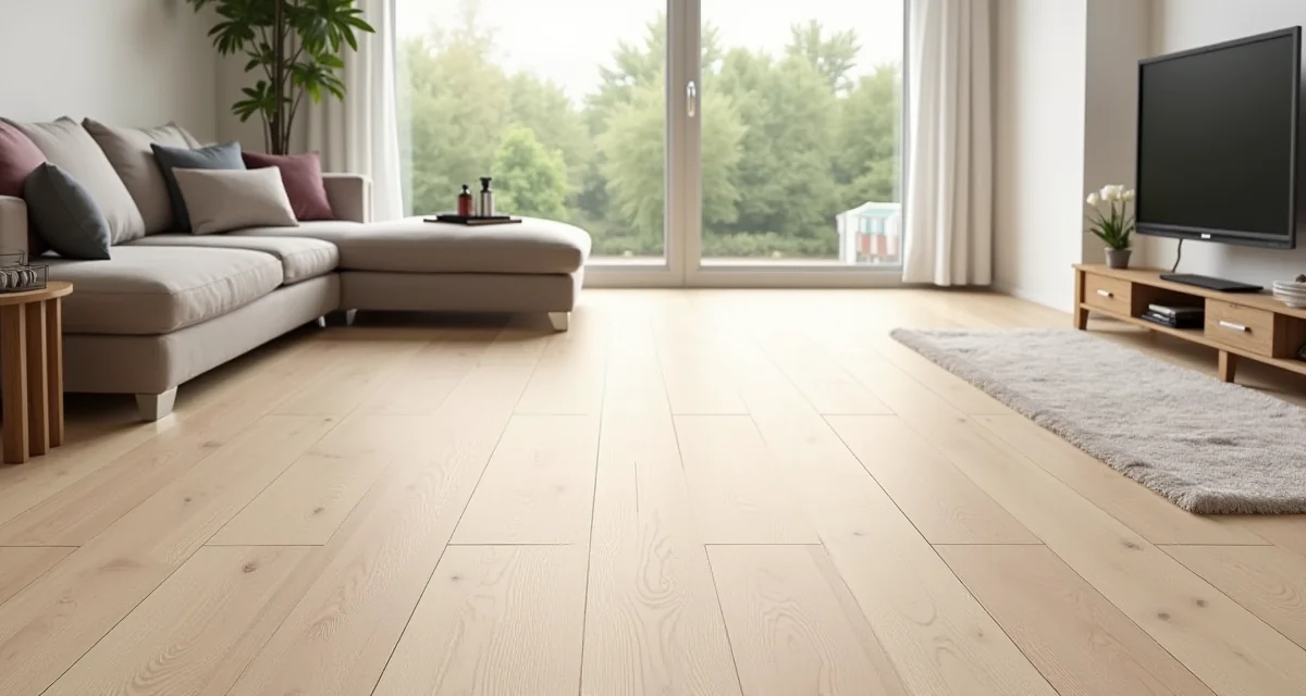 Pavimento in gres porcellanato effetto legno con venature realistiche illuminato dalla luce naturale