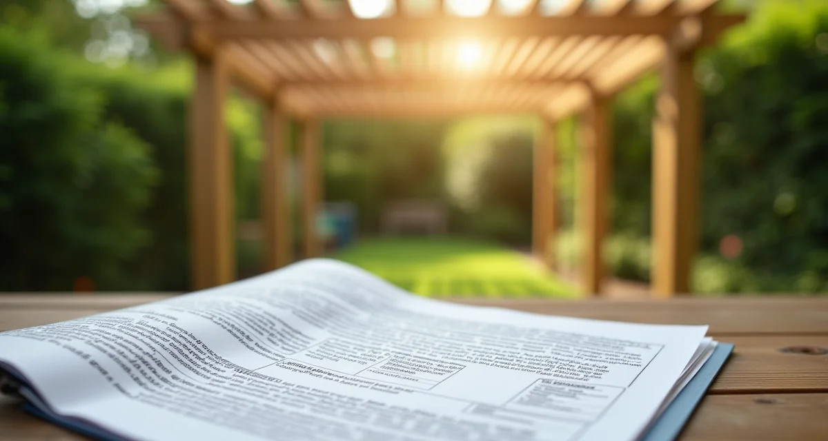 Pergolato in legno con documenti di permesso sul tavolo nel giardino