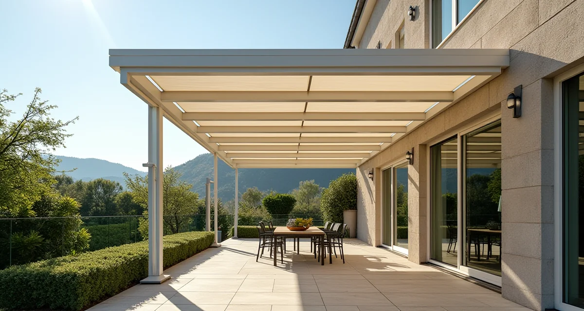 Pergola bioclimatica con lamelle orientabili aperte su terrazzo soleggiato