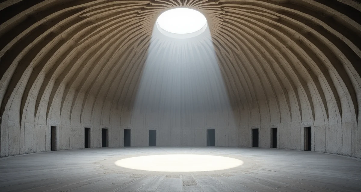 Interno della cupola a costoloni in calcestruzzo del Palazzetto dello Sport di Roma con illuminazione drammatica
