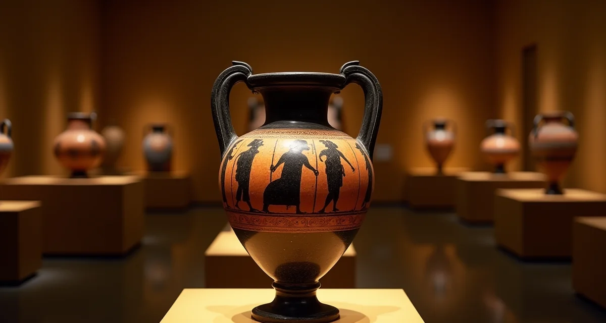 Vaso greco antico rosso esposto in museo sotto una luce calda