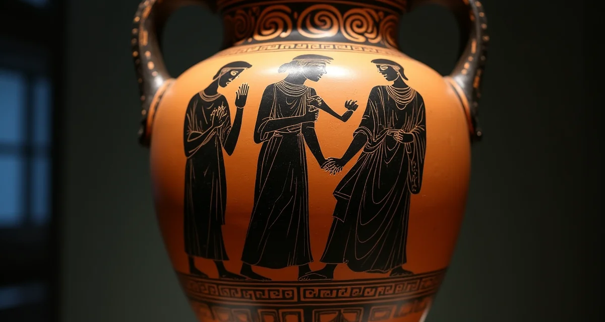 Dettagli di figure dipinte su anfora greca a figure nere esposta con illuminazione museale