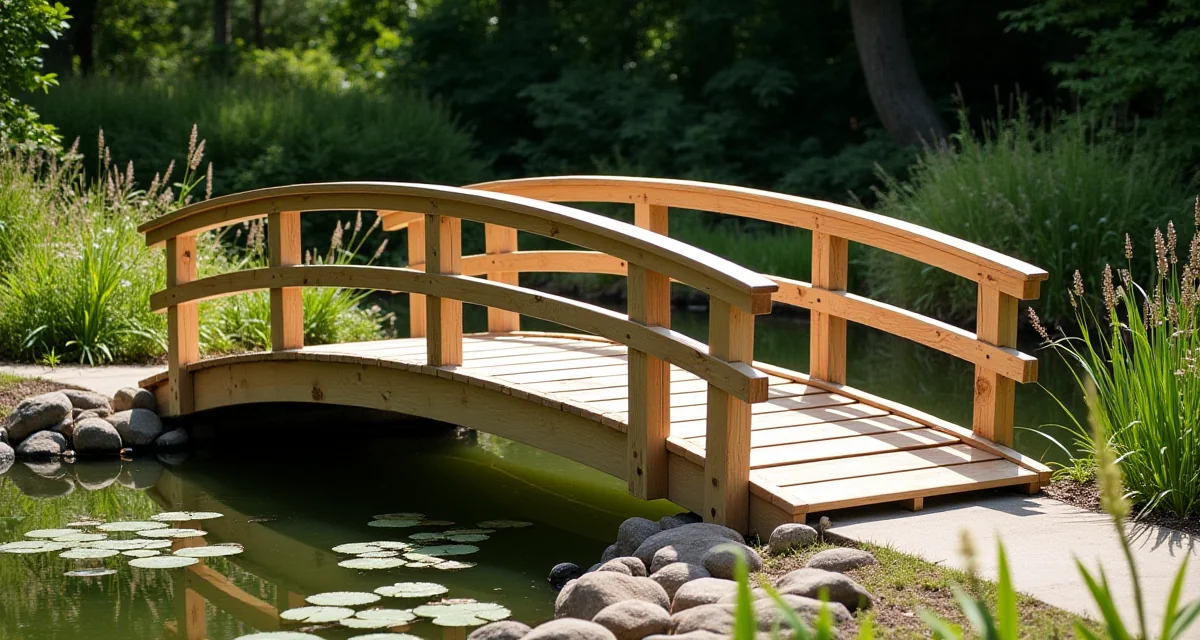 Ponticello curvo in legno finito che attraversa uno stagno del giardino con vegetazione rigogliosa sotto il sole