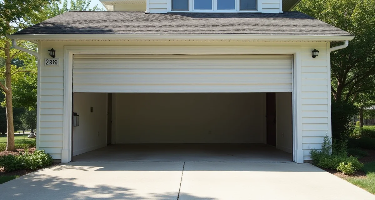 Porta garage scorrevole a soffitto in metallo parzialmente aperta su viale soleggiato
