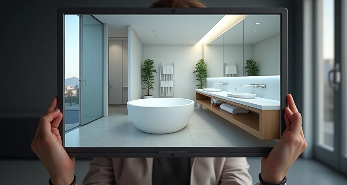 Rendering fotorealistico di un bagno moderno su monitor in uno studio di progettazione architettonica