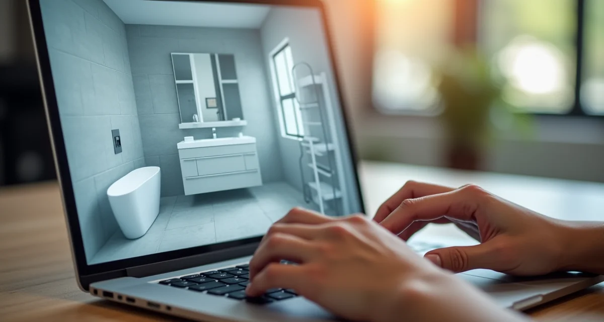 Schermo di laptop che mostra un modello 3D sfocato di un progetto bagno su scrivania