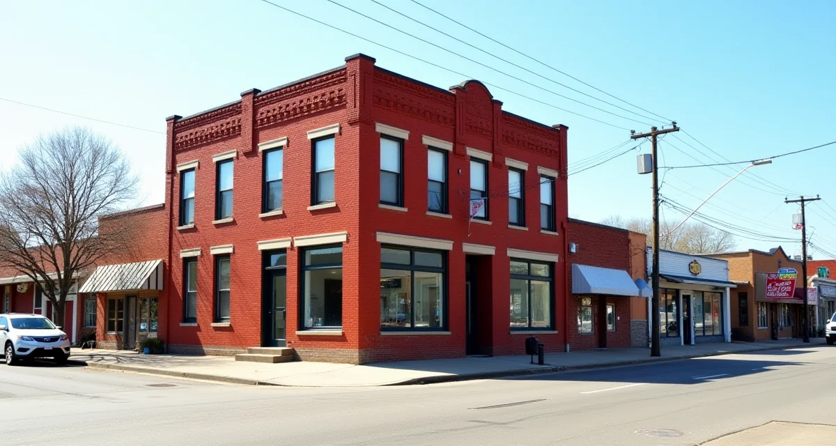 Edificio rosso a quattro piani in mattoni su un angolo di strada a Wichita Falls sotto il sole